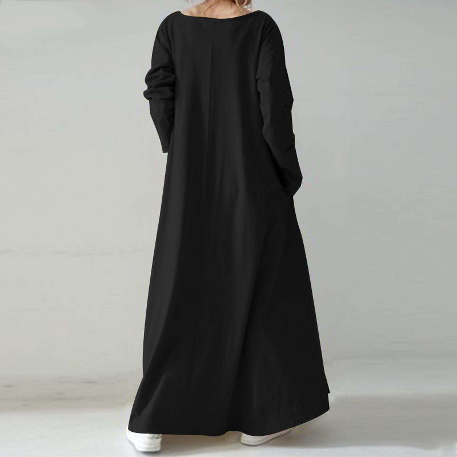 JGGSPWM Women's Long Sleeve Cotton Maxi Dress V Neck Side Pockets Casual Plus Size Daily Vacation Dresses Black 2XL