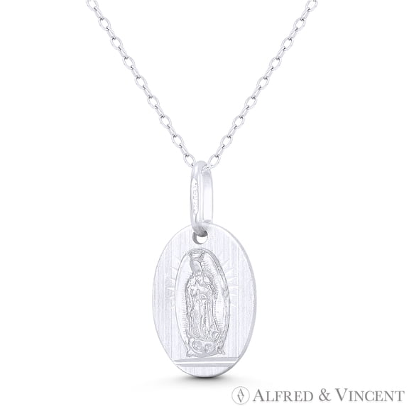 Holy Mother Virgin Mary Charm 25x13mm (1x0.5in) Oval Medal Pendant & Chain Necklace in .925 Sterling Silver
