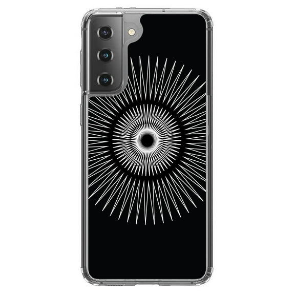 DistinctInk Clear Shockproof Hybrid Case for Galaxy S21 5G (6.2" Screen) - TPU Bumper, Acrylic Back, Tempered Glass Screen Protector - Black White Star Bursts