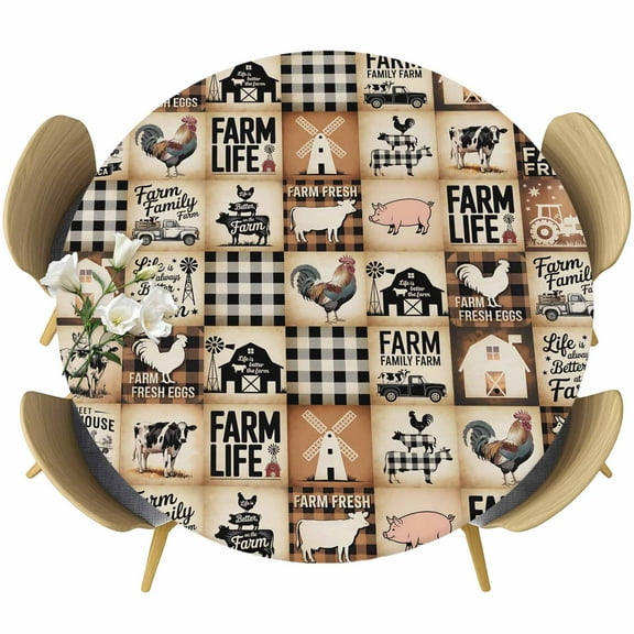 Farm Cow Round Tablecloth 45-54 Inch Round Fitted Table Cloth with Elastic Edge, Vintage Chicken Pig Plaid Black Brown Bear Waterproof Table Cover Protector for Outdoor Picnic Party Dining