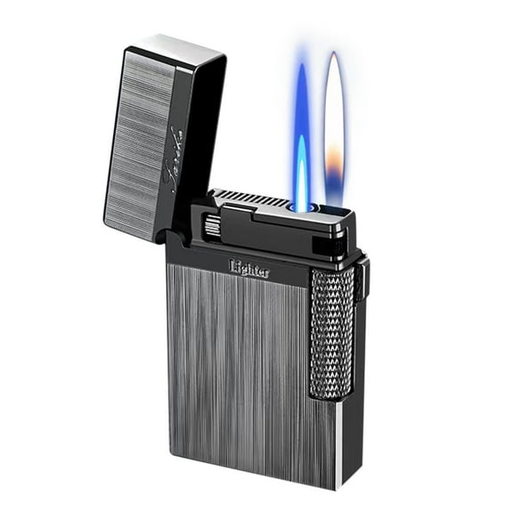 Black Refillable Metal Lighter With Sliding Wheel Dual Flame Butane Lighter Windproof Lighters For Outdoor Use Portable Lighters For Candles Camping 2.36X1.46 Inches