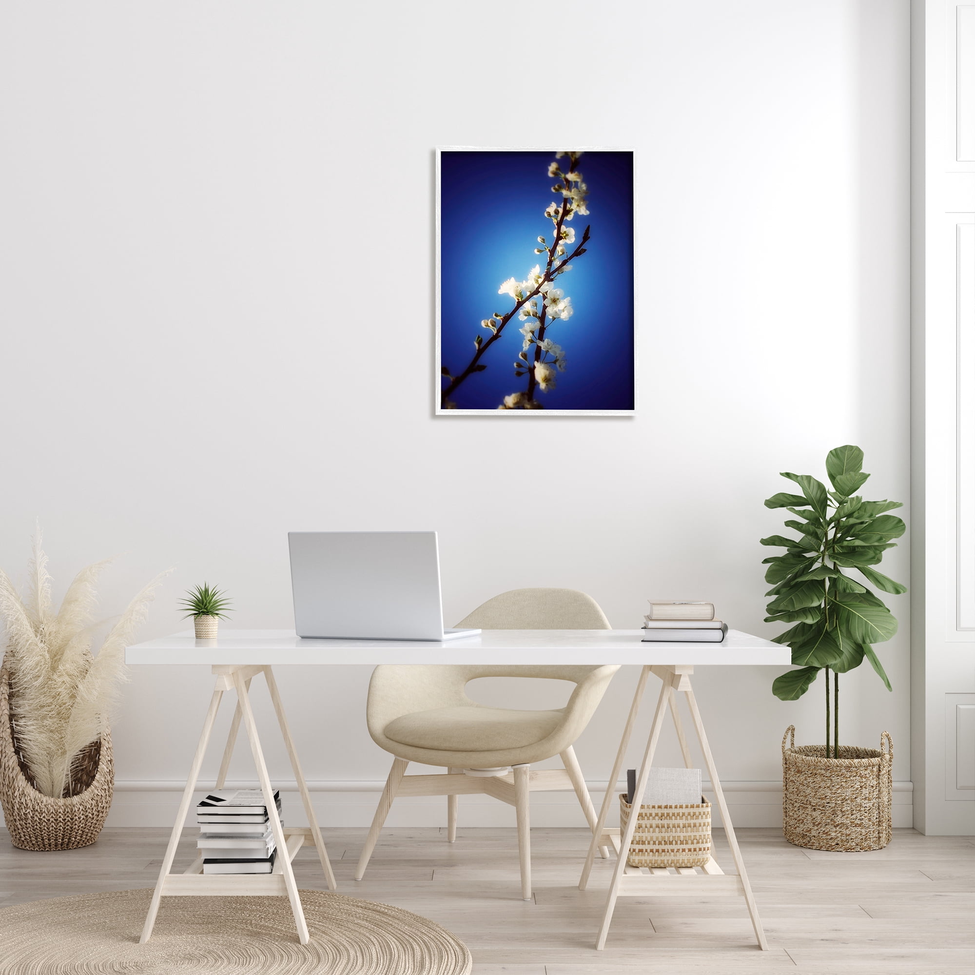 Stupell Industries White Tree Blossom Florals Over Deep Indigo Blue Botanical & Floral Painting White Framed Art Print Wall Art, 24 x 30