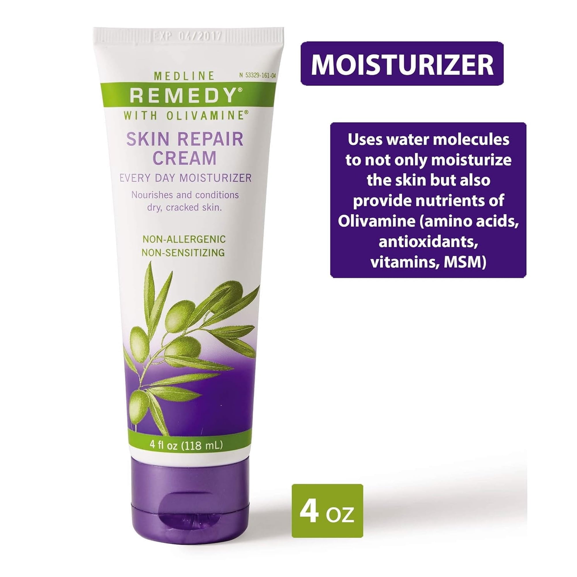 Medline Remedy Skin Repair Cream with Olivamine, 4oz., Lightly Scented, For Dry, Cracked Skin