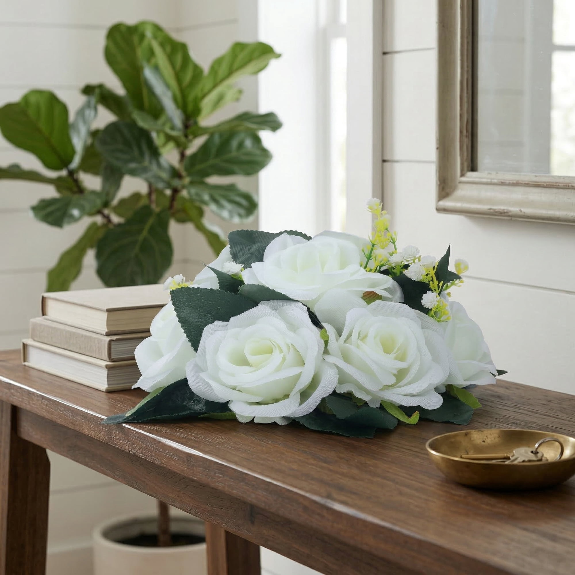 Unique Bargains 2Pcs Artificial Rose Flower Centerpiece White Dark Red 4.7 in