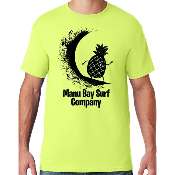 Mens Manu Bay Surf Company BLACK SURFING PINEAPPLE T-shirt, Large Safety Green
