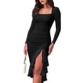 thumbnail image 3 of Women'S Ruched Bodycon Midi Dresses Elegant Mesh Long Sleeve Square Neck Ruffle Hem Cocktail Party Dress, 3 of 8