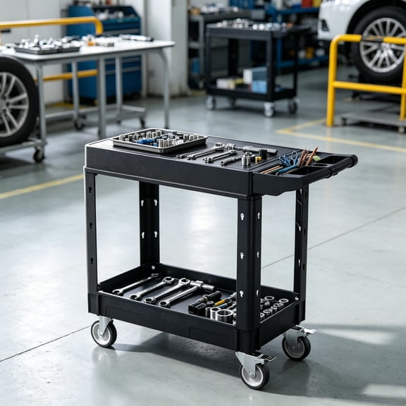 550lbs Utility Cart, 2-Shelf Heavy Duty Plastic Service Cart with 360° Swivel Wheels (2 with Brakes), Suitable for Warehouse, Garage & Cleaning, 31.3 x 17.7 Inch