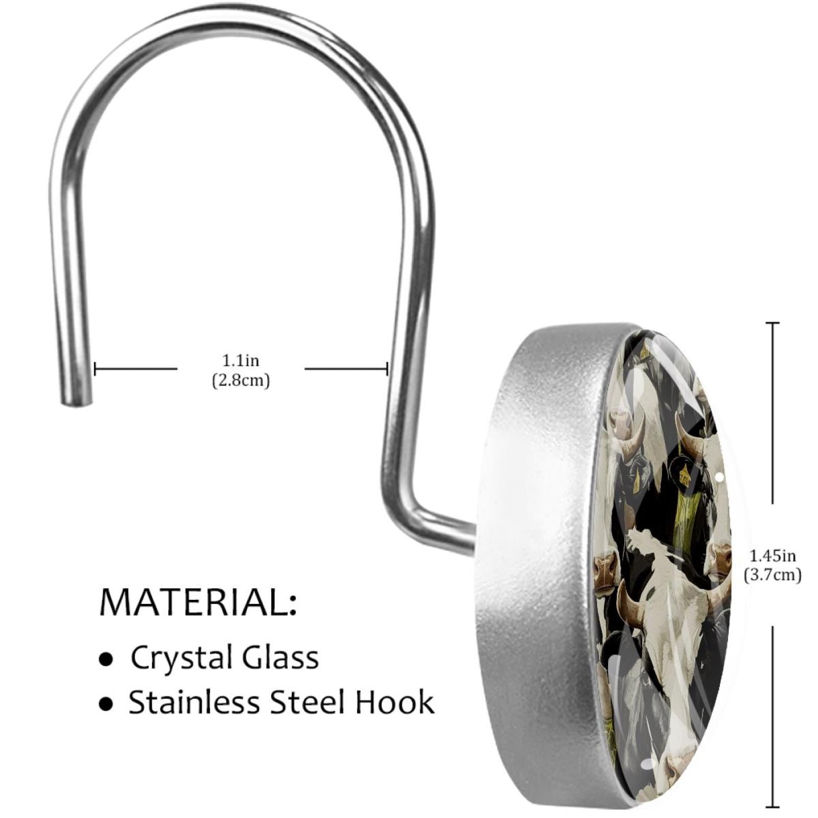 Cows on Farm Shower Curtain Hooks Round Crystal Glass, Set of 12 Shower Curtain Rings - Shower Hooks for Curtain Shower Rings