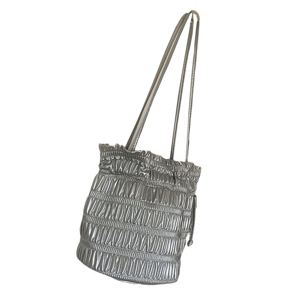Women Pleated Shoulder Bag Silver Bucket Bag PU Leather Casual Armpit Bag Drawstring Handbag All-matching Underarm Bag