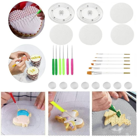 26pcs Plastic Cookie Decorating Supplies Set,including 2 Acrylic Cookie Turntable,6 Cookie Scribe Needle,4 Silicone Mesh Mats,6 Cookie Decoration Brushes,8 Rubber Feet Bumpers For Pastry Making