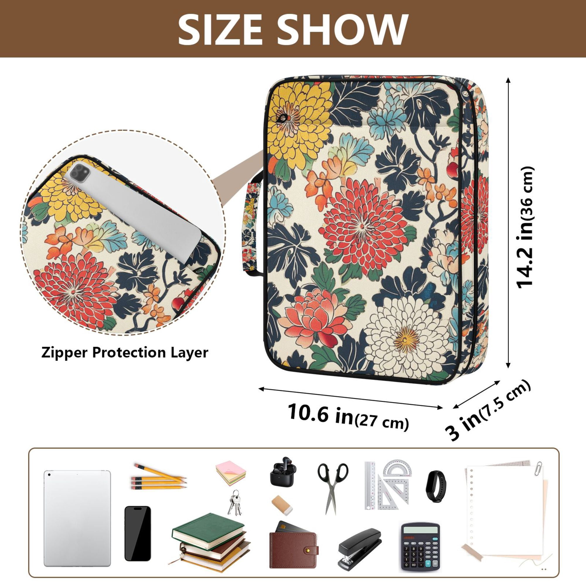 FORMRS Accordion File Folder A4 Size 7-Pocket Expanding Document Organizer Bag with 3 Ring Binder, Red Flowers Pattern