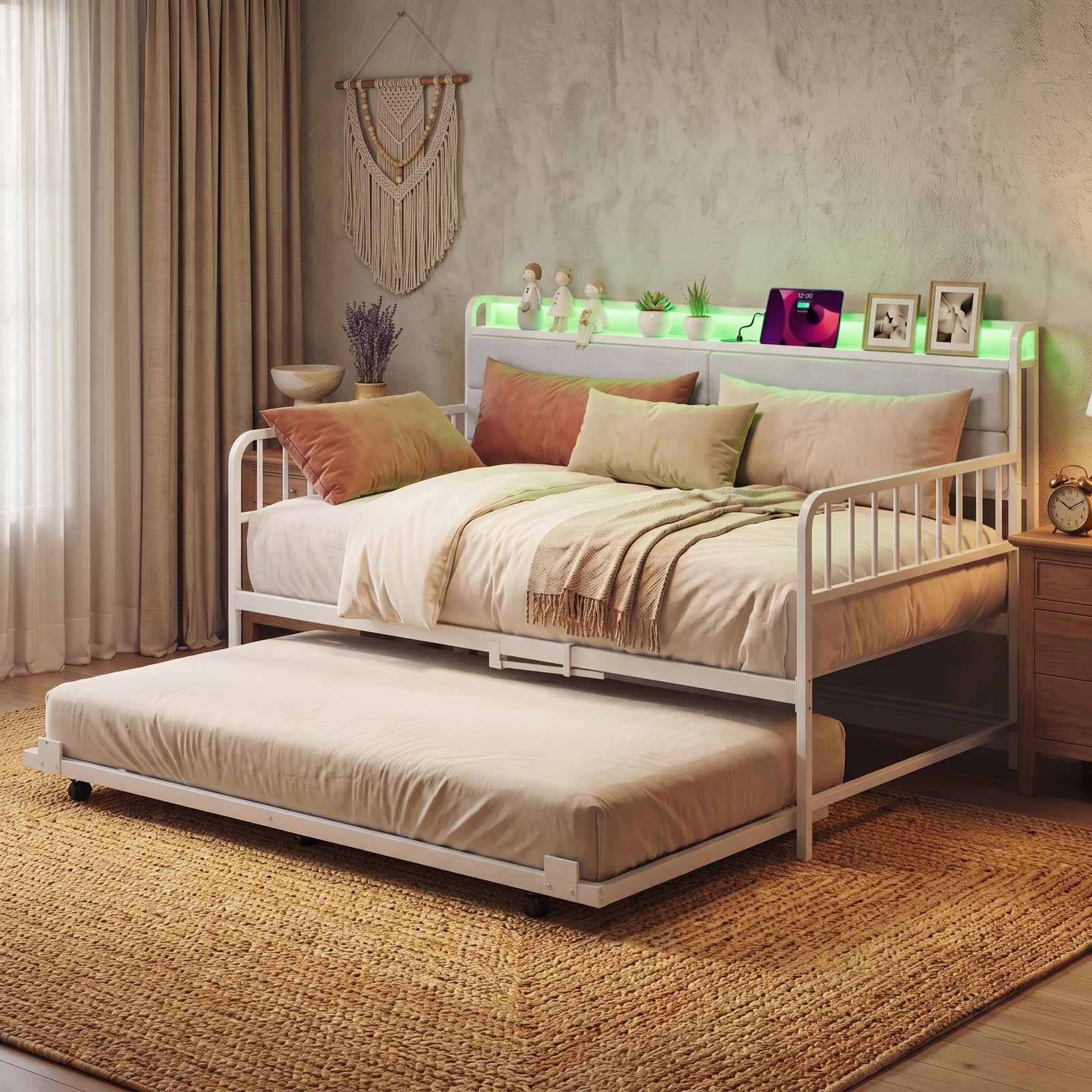 Furnibear Twin Metal Daybed with Pull-Out Trundle and Upholstered Storage Headboard with Charging Station and RGB LED, White