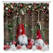 HVEST Farmhouse Christmas Shower Curtain,Christmas Balls and Funny Gnomes on Rustic Brown Background Bathroom Shower Curtain Winter Snowflakes Polyester Fabric Decor Curtain with Hooks, 72X78 inch