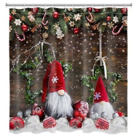 HVEST Farmhouse Christmas Shower Curtain,Christmas Balls and Funny Gnomes on Rustic Brown Background Bathroom Shower Curtain Winter Snowflakes Polyester Fabric Decor Curtain with Hooks, 72X78 inch