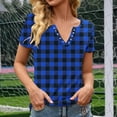 thumbnail image 4 of Womens Short Sleeve Shirt Plaid Print Button Round-Neck T-Shirt Blouses Blue, 4 of 5