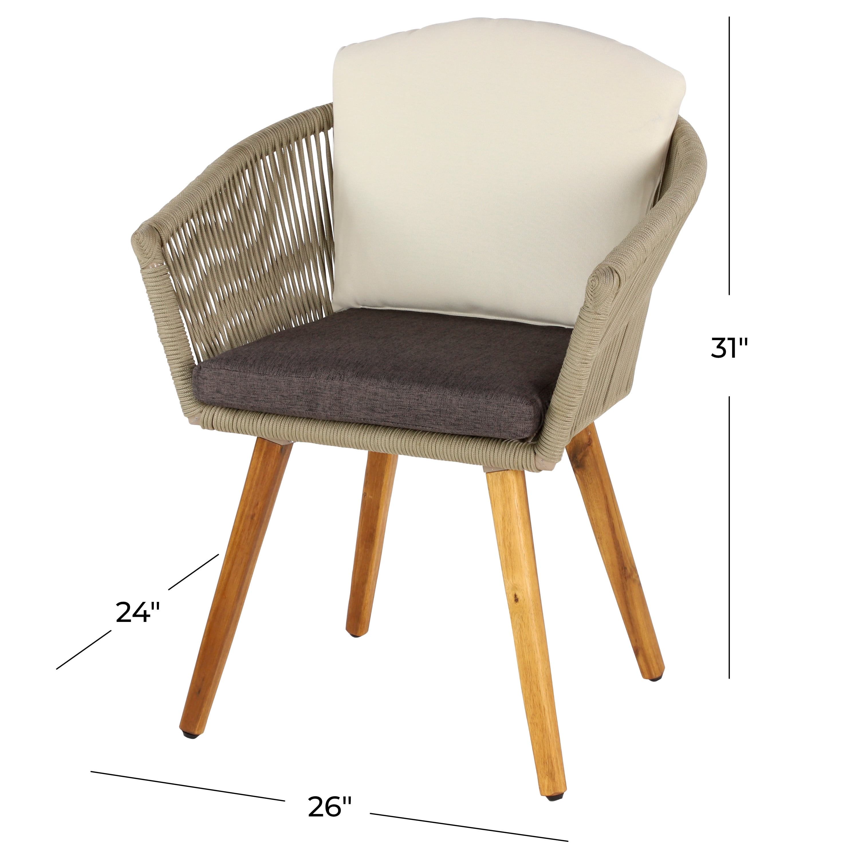 DecMode Woven Rope Outdoor Dining Chair with Polyester Cushions and Slender Tapered Legs - Wood - Set of 2 - Light Brown
