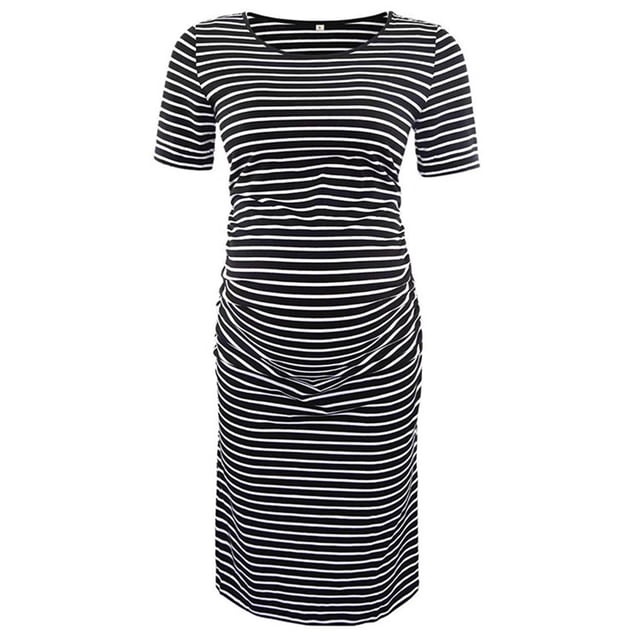 Sentmoon Robes de Maternité Surdimensionnées à Manches Courtes Robes d'Été pour Femmes Col Ras du Cou Imprimé à Rayures Ajustées Extensibles Robe de Plage Mode pour Maternité Voyage L