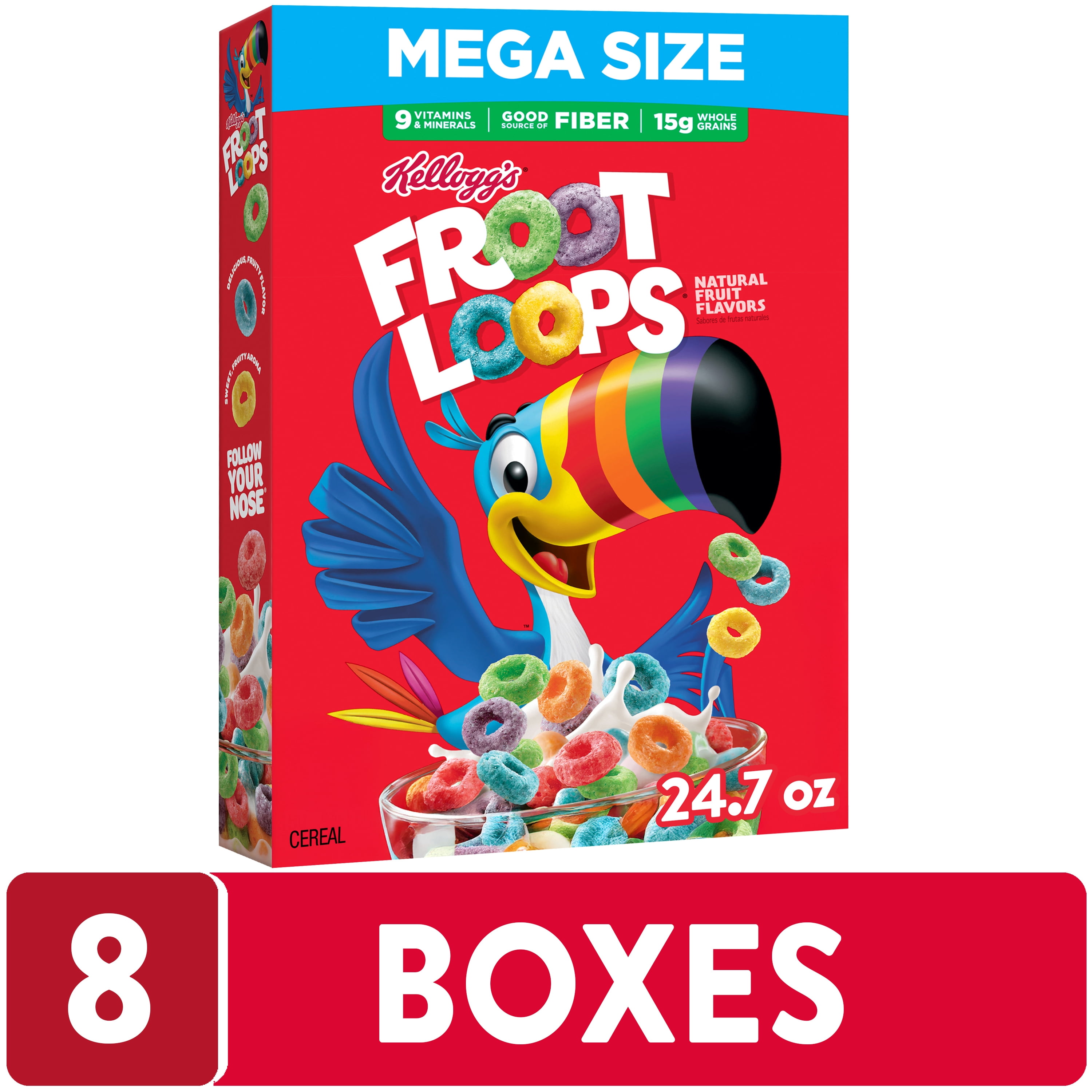 (8 pack) Kellogg's Froot Loops Original Breakfast Cereal, Good Source of Fiber, Mega Size, 24.7  oz