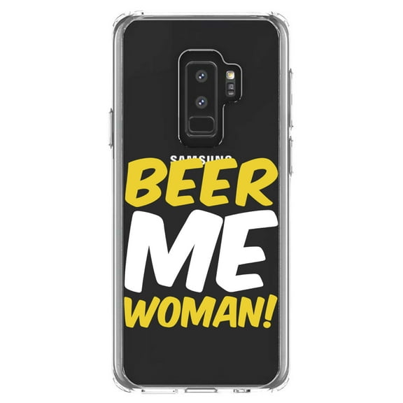 DistinctInk Clear Shockproof Hybrid Case for Samsung Galaxy S9  PLUS (6.2" Screen) - TPU Bumper Acrylic Back Tempered Glass Screen Protector - Beer Me Woman!