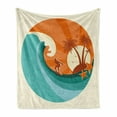 thumbnail image 1 of Ride the Wave Soft Flannel Fleece Blanket, Retro Man Surfing at Beach Island Coconut Palm Trees Illustration, Cozy Plush for Indoor and Outdoor Use, 50" x 60", Orange Cream and Teal, by Ambesonne, 1 of 6