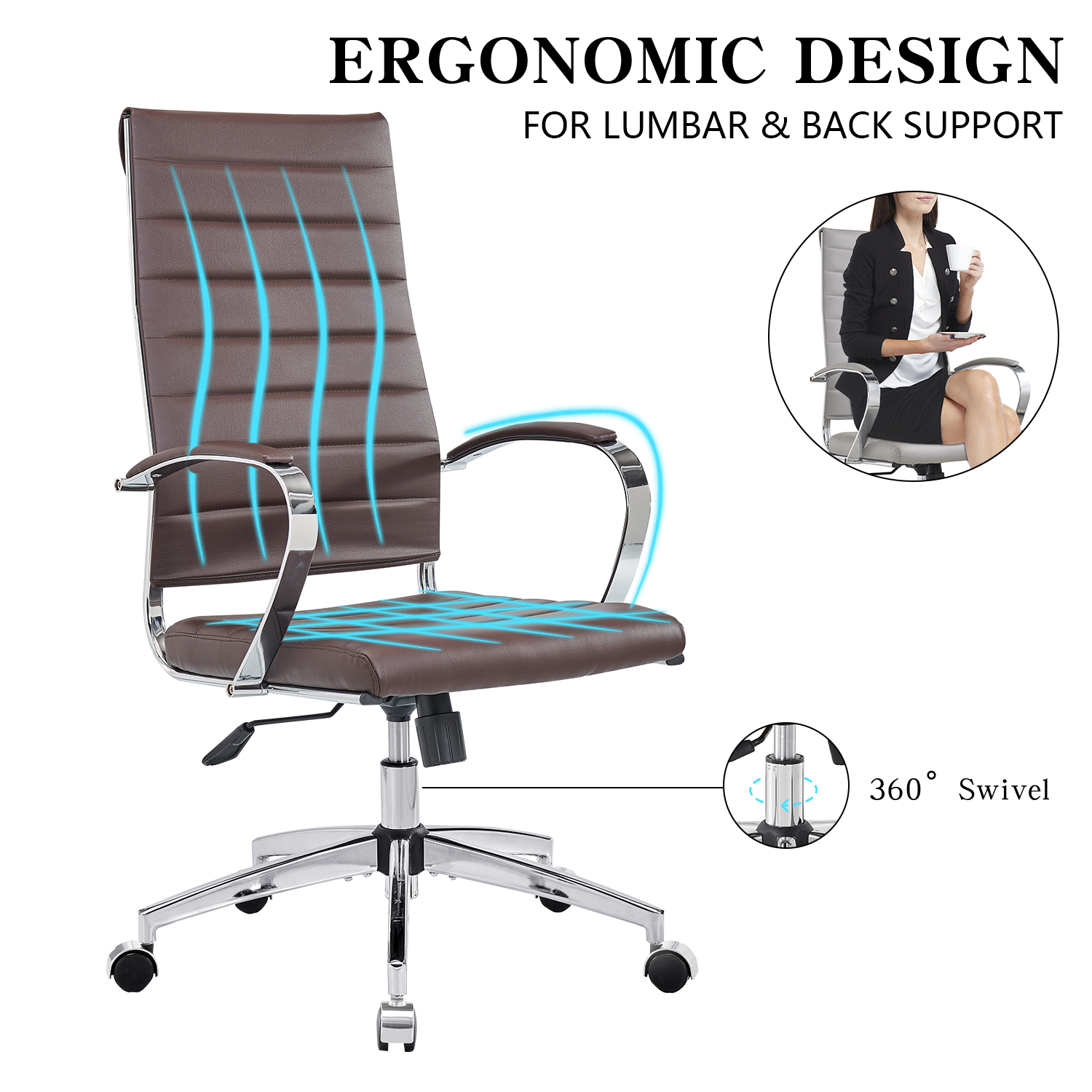 CAROCC High Back Executive Office Chair with Armrest Adjustable Swivel Chair in Durable Vegan Leather Modern Office Chair Ergonomic Desk Chair for Extra Back & Lumbar Support