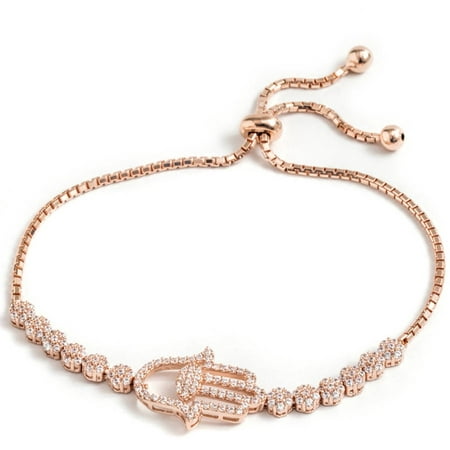 Pori Jewelers CZ 18kt Rose Gold-Plated Sterling Silver Hamsa Friendship Bolo Adjustable Bracelet