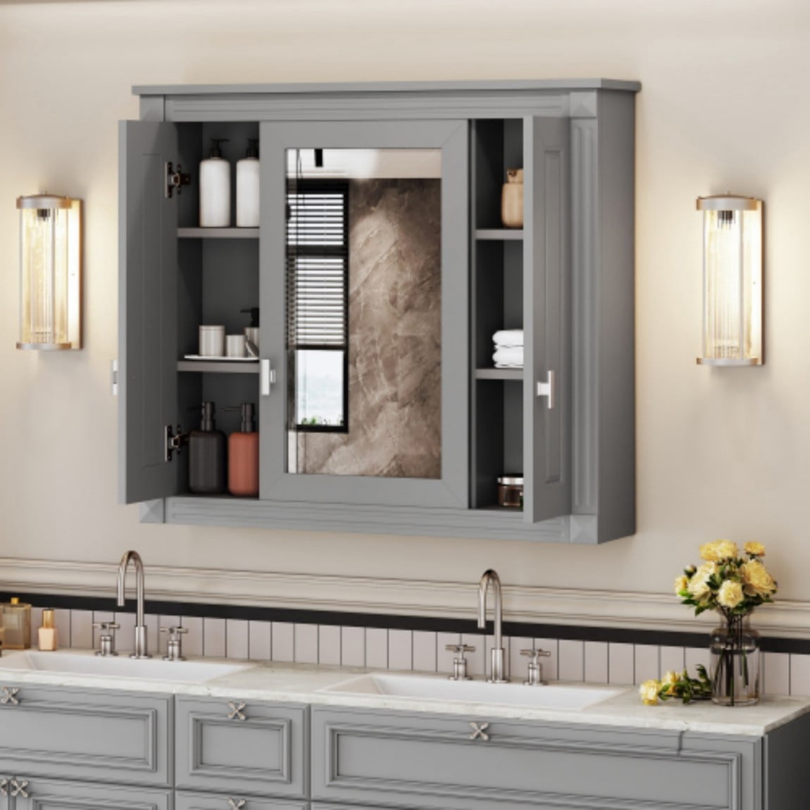 Bathroom Wall Cabinet with Mirror, Wall Mounted Medicine Cabinet with 5 Shelves, Over Toilet Storage Cabinet with Adjustable Shelves, Mirrored Door Bathroom Cabinet, Gray