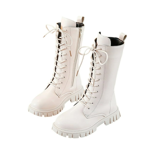 White Girls Long Boots With Faux Leather Upper, Princess Design For Winter, Casual Fashion, With Soft Lining And Durable Sole