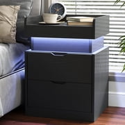 IDEALSOUL Black Nightstand with Charging Station, LED Nightstand with 3 Hidden Drawer Modern Bedside Table End Side Table Nightstands for Bedroom Living Room 25 Tall