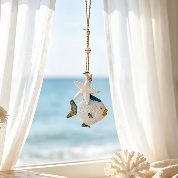 Wooden Coastal Wall Art, Hanging Beach Wall Decor with Rope, Nautical Wall Decor with Starfish & Seahorse & Fish for Bedroom Living Room