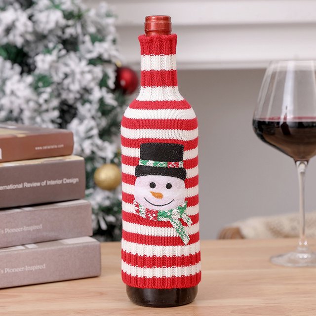 MAIMAI Decoraciones navideñas Lana Acrílico Punto Rayas Cubierta de Botella de Vino Alce Muñeco de Nieve Cubierta de Botella de champán de Vino Tinto