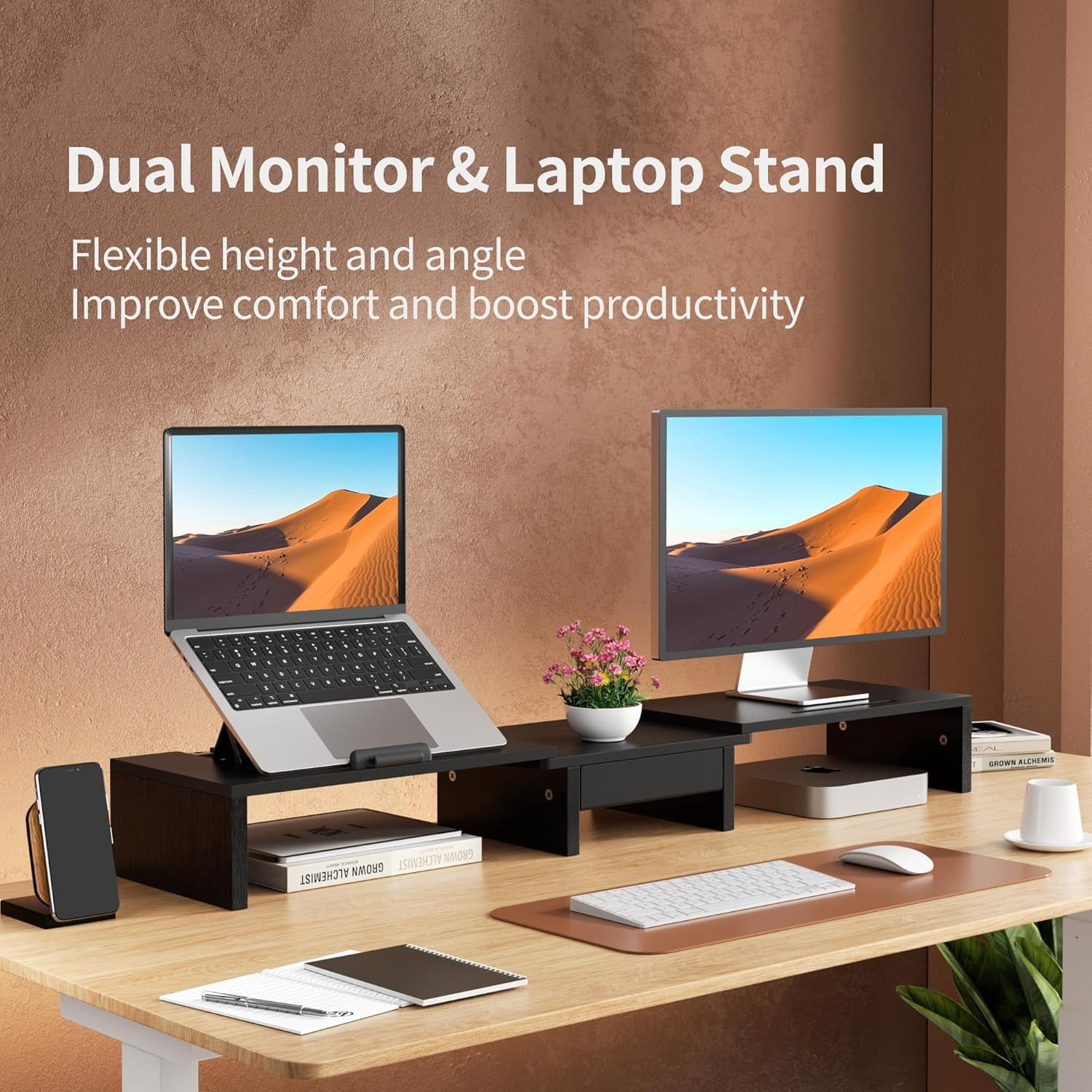 Dual Monitor Stand Riser with Storage Drawer - Adjustable Computer Monitor Desk Organizer for Office Home, Black