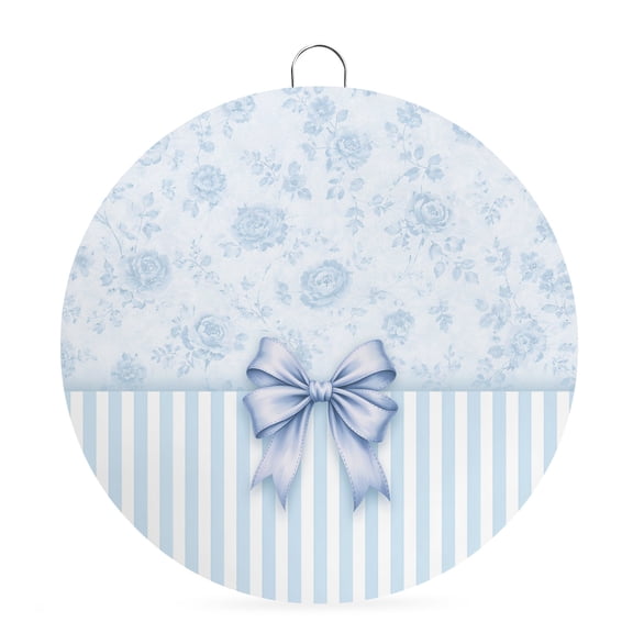 Welcome Sign for Front Door, Blue Bow Round Metal Wall Art Wreaths, Farmhouse Roses Floral Stripes Rustic Modern Outdoor Indoor Wall Hanging Sign for Porch Decor Housewarming Gifts 5.9 Inch