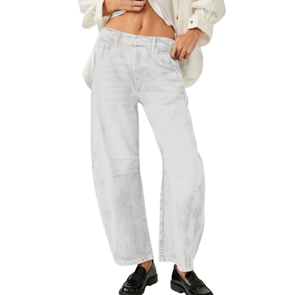 ZHUASHUM Women Solid Color High Waist Baggy Wide Leg Jeans Barrel Boyfriend Cropped Hem Denim Pants Relax Fit Casual Trousers White L