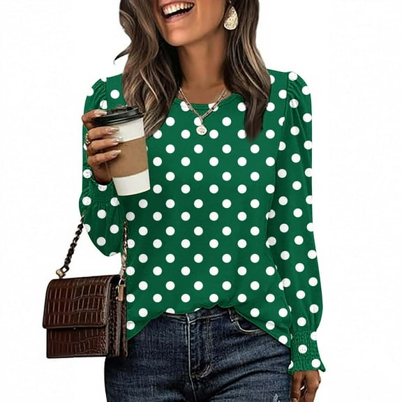 Blmnix Polka Dot Flowy Blouses for Women Fashion Clothing Relaxed Army Green Work Shirts for Women Crew Neck Long Sleeve Blouses