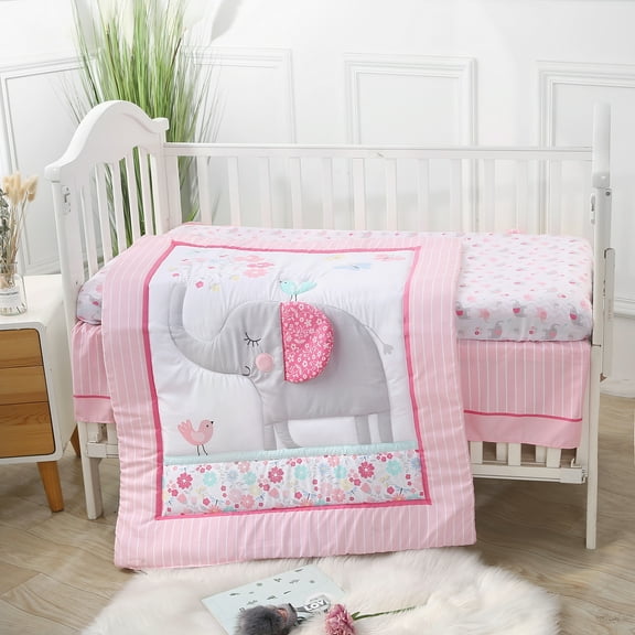 Sweet Baba Belle Elephant 3 PC Crib Bedding Set, Pink Crib Set for Baby Girls