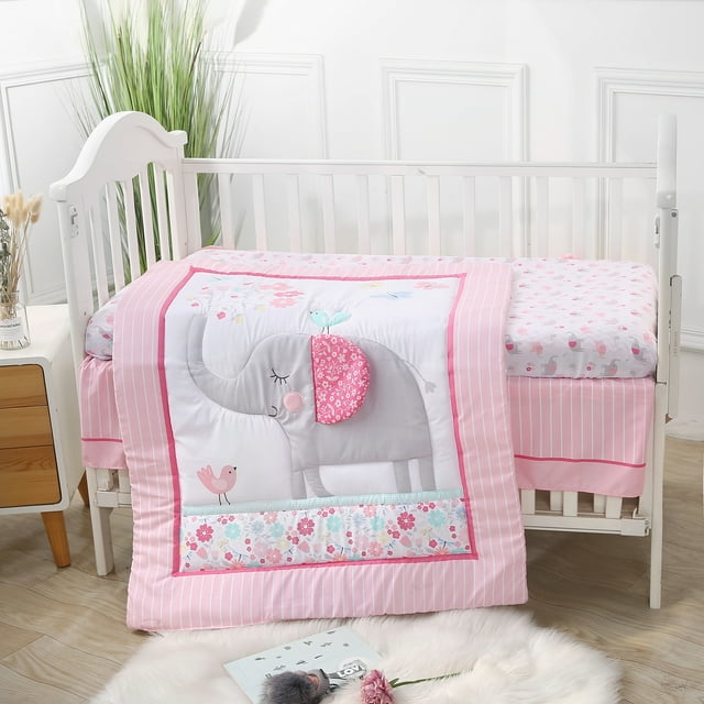 Sweet Baba Pink/Grey Elephant 3-Piece Crib Bedding Set for Baby Girls