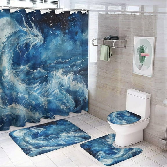 4Pcs Moon Star Dragon Shower Curtain Set with Toilet Lid Cover Non-Slip Rugs for Bathroom, Fantasy Ocean Sea Wave Shower Curtain Bathroom Sets with Hooks, 72x72 Inch