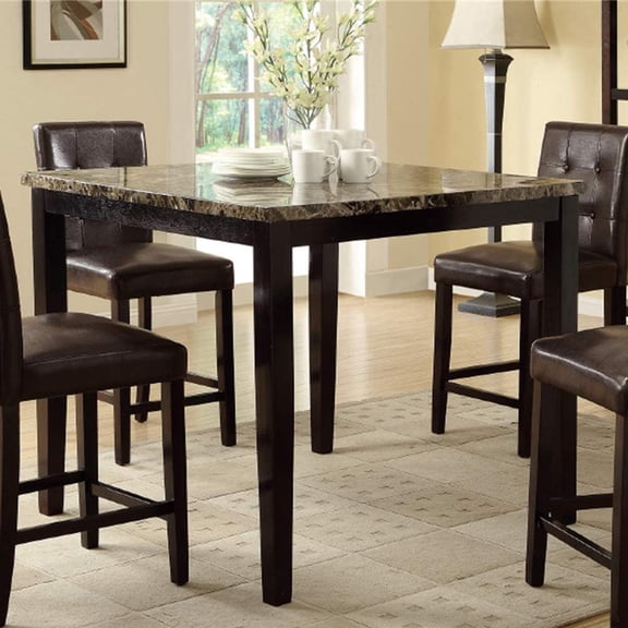 Kanepe Dining Table - Faux Marble Top, Modern Counter Height Kitchen Table - 42" Square, Dark Brown MDF & Birch Veneer - Table Only