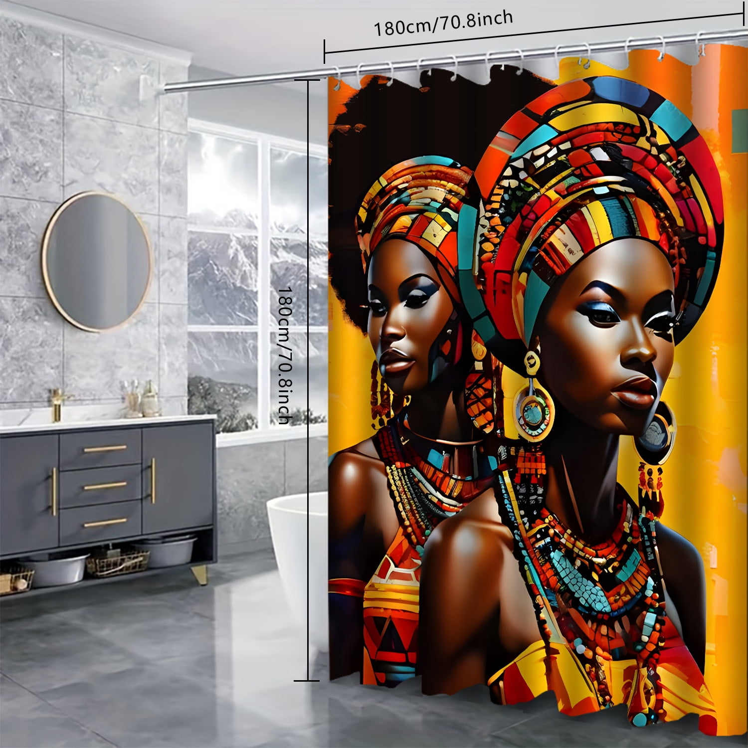 LVRLVR 1/4 Vibrant African Cultural Heritage Fabric Shower Curtain Rug Set - Black Girl Bath Mat Bathroom Decoration,Brown, 70.8" × 70.8"