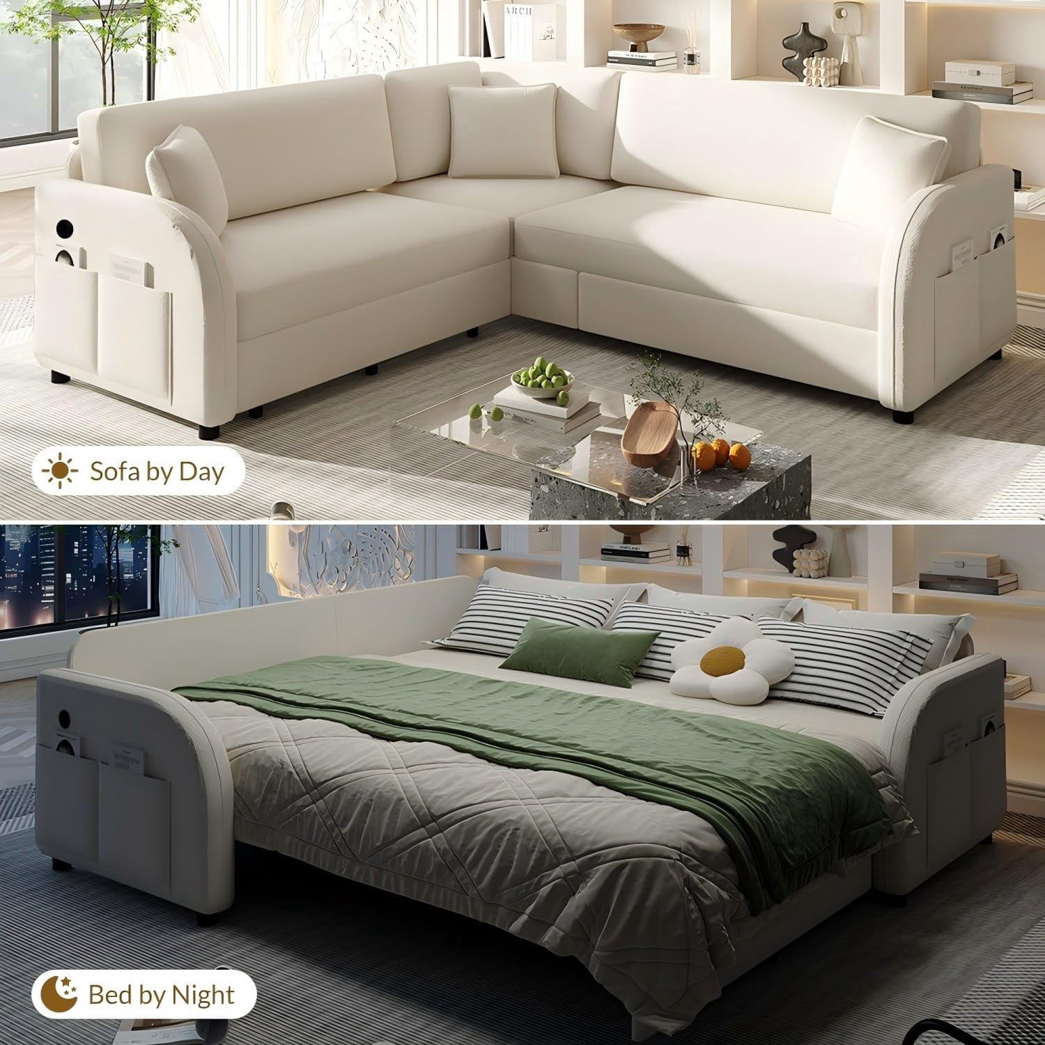 Howcool 85.1" L-Shaped Sectional Sleeper Sofa, 5-Seat Pull Out Couch Bed with USB Ports & Side Pockets, Teddy Fabric Convertible Sofa for Living Room, Beige White