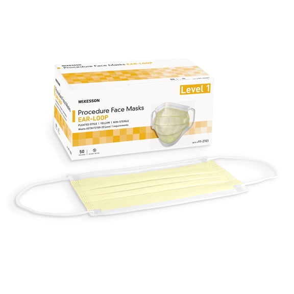 McKesson Disposable Face Masks, 3-Ply Elastic Ear Loops - Yellow Medical Mask, 50 Count, 10 Packs, 500 Total