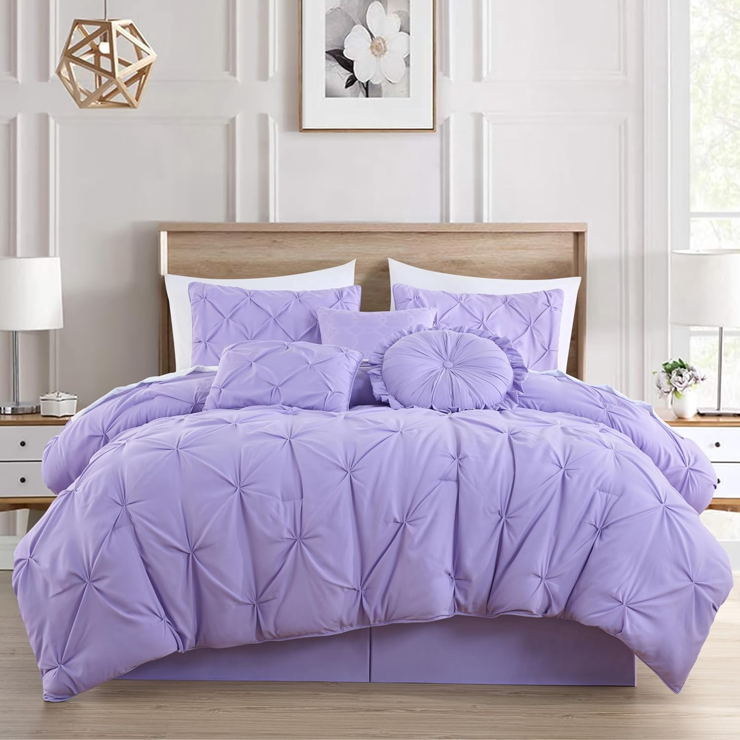 Chezmoi Collection Sydney 7-Piece Pinch Pleat Comforter Set, Lightweight Pintuck Bedding for All Season, King, Lavender
