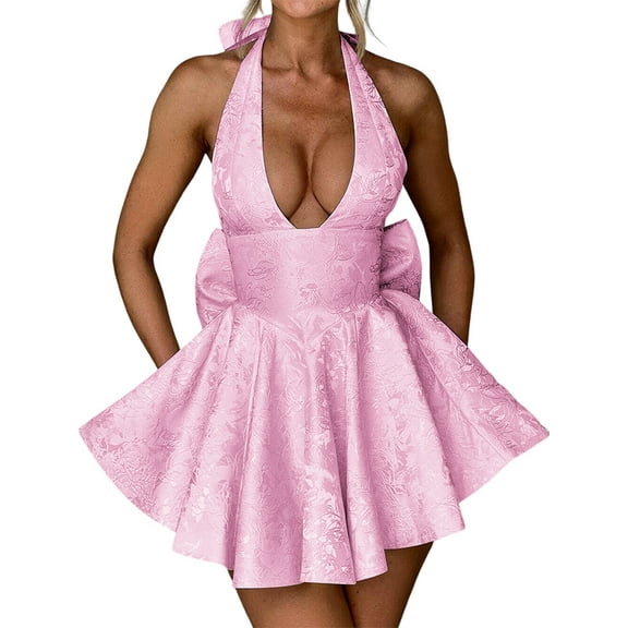 Women Deep V Sleeveless Halter Neck Bow-Knot Evening Cocktail Long Dress Pink XL