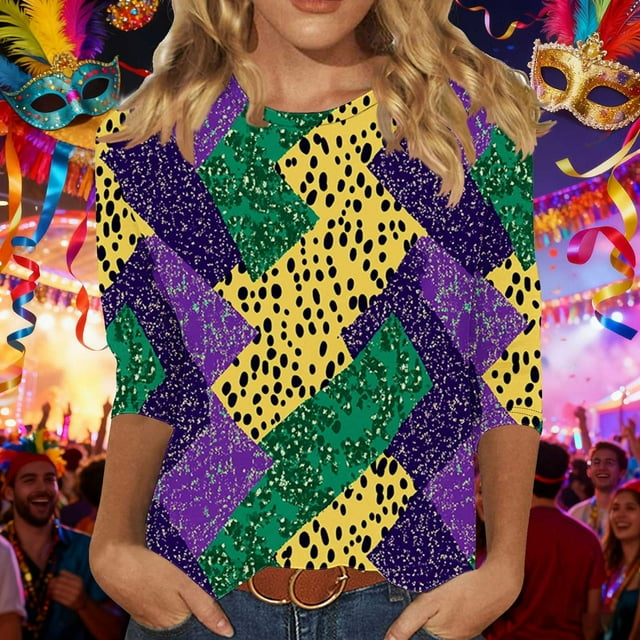 RKSTN Mardi Gras 3/4 Length Sleeve Womens Tops Oversized Crewneck Carnival Graphic Printed Three Quarter Sleeve T Shirt Women Casual Round Neck Funny Tuesday Carnival Party Loose Short Sleeve Shirt