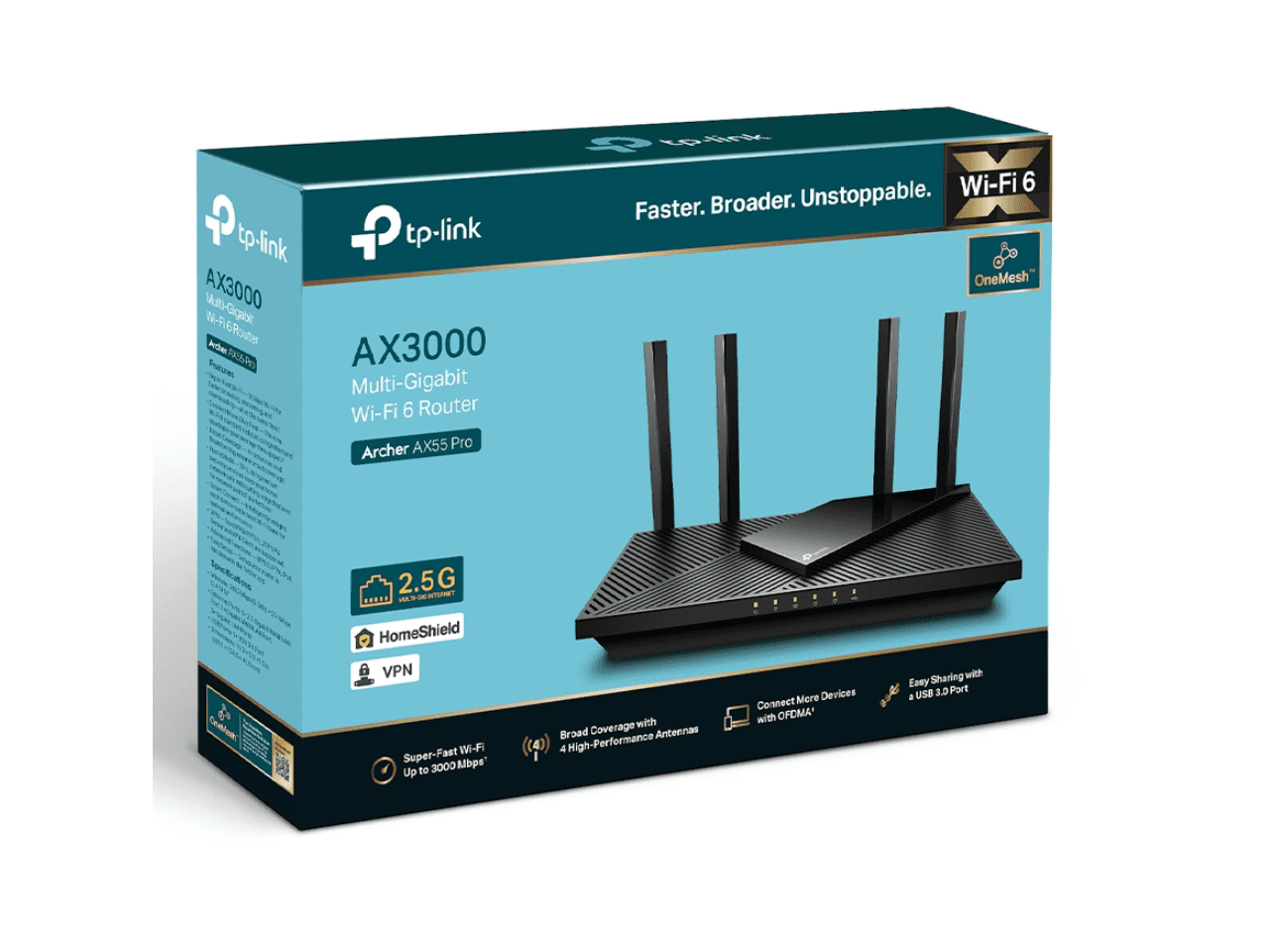 TP-Link AX3000 WiFi 6 Router (Archer AX55 Pro) - Multi Gigabit Wireless Internet Router, 1 x 2.5 Gbps Port, Dual Band, VPN Router, OFDMA, MU-MIMO, USB Port, WPA3, Compatible with Alexa
