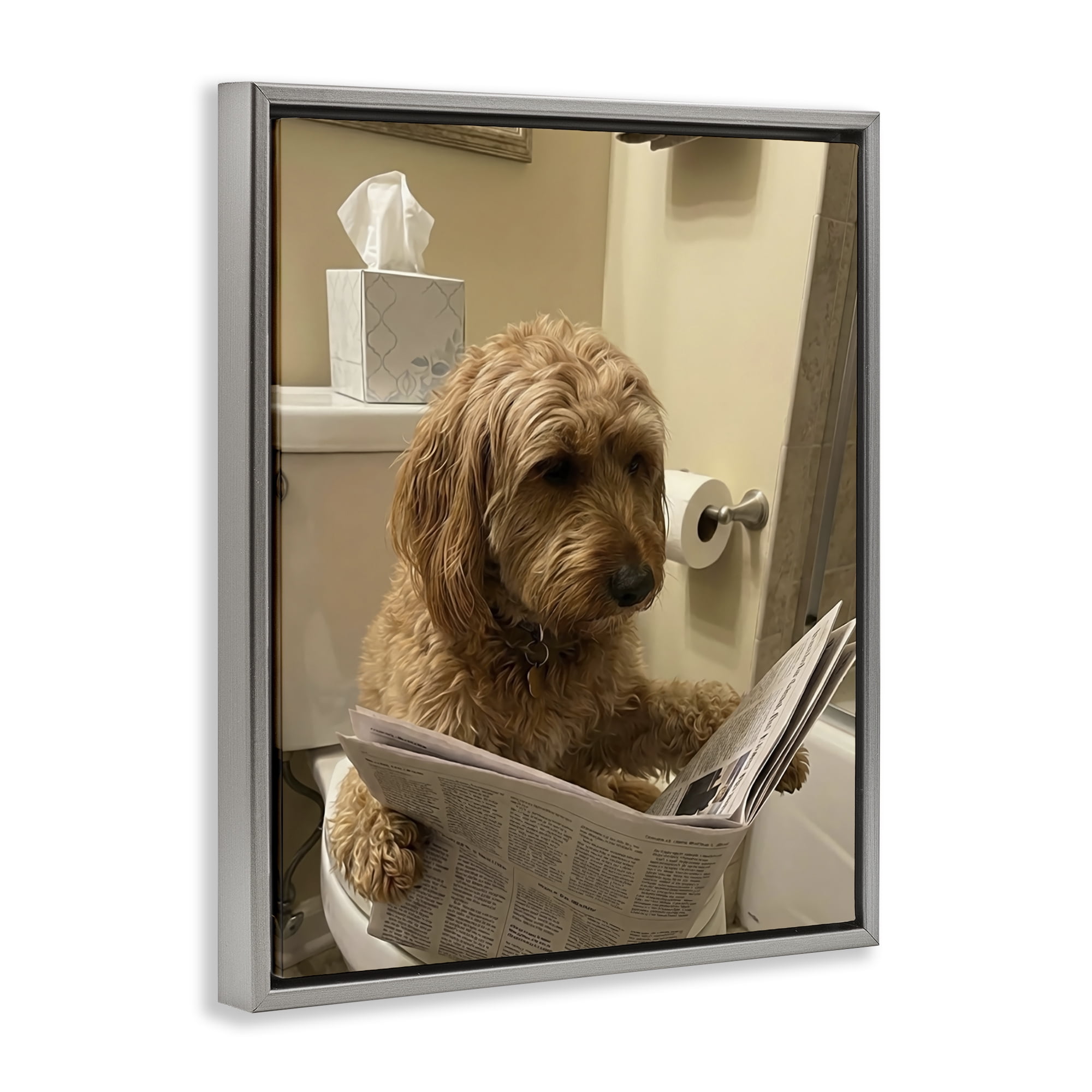 Stupell Industries Dog & Paper on Toilet Gray Framed Floater Canvas Wall Art, design by Abigail Walker