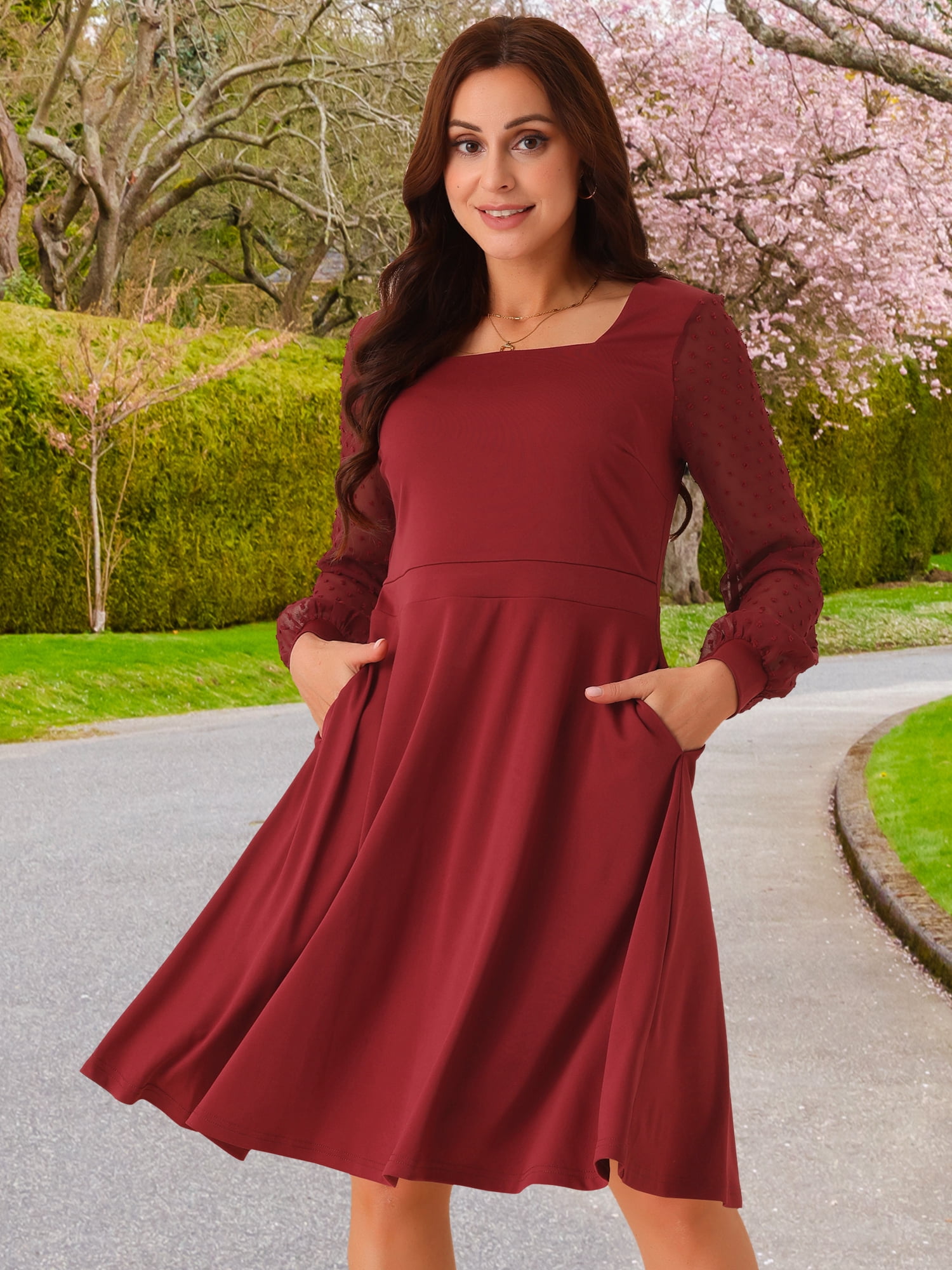 DARING DIVA Long Sleeve Square Neck Dress S Wine Red