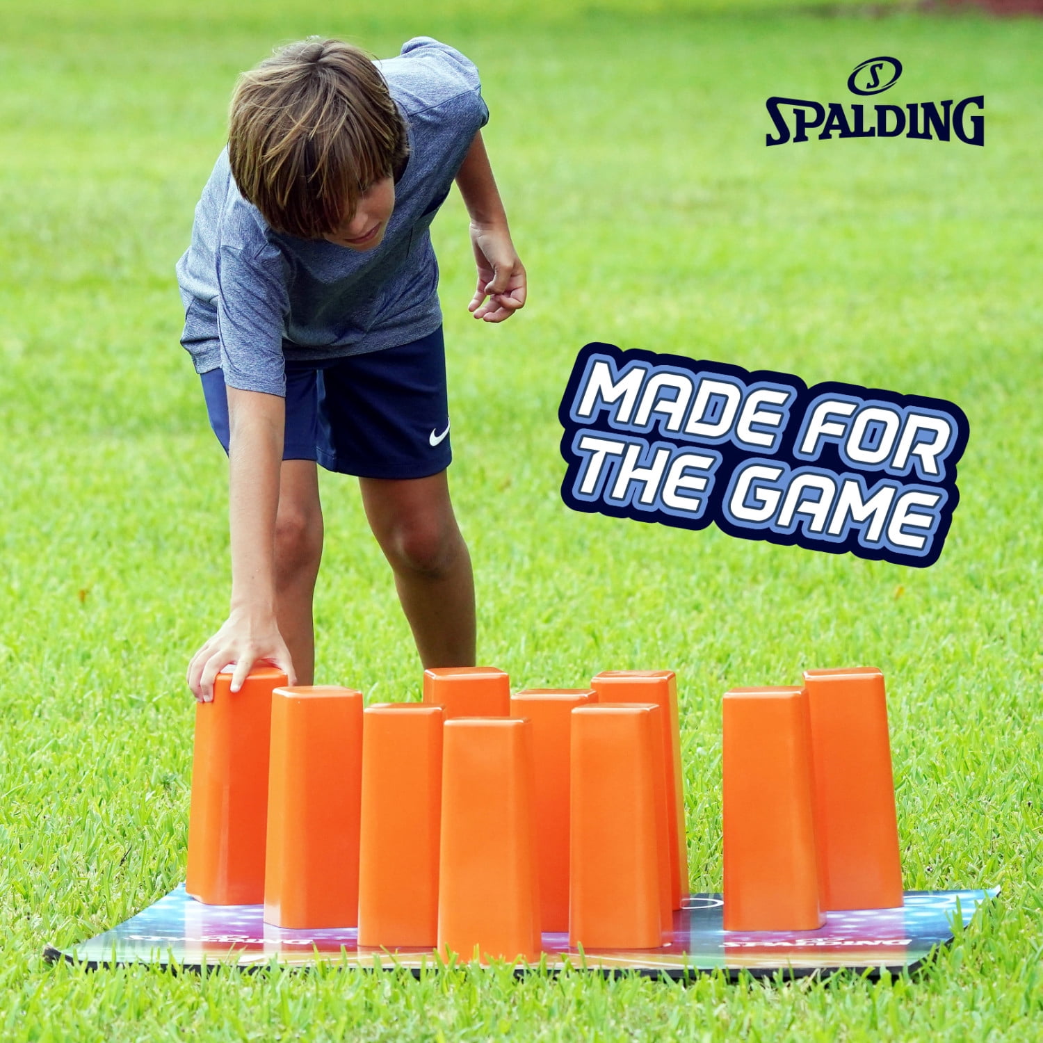 Spalding Football Pylon Toss Game, Easy-Grip Foam Football with Wooden Base & 10 Pins, Fun Backyard Target Challenge Set for All Ages, Great for Lawn, Beach, or Tailgate Play