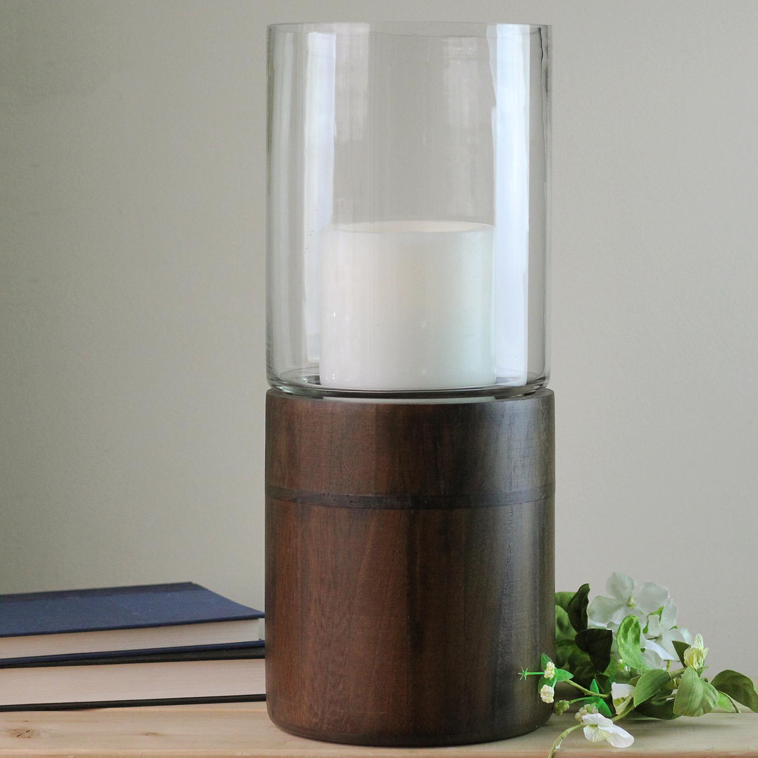 15.25" Clear Glass Hurricane Pillar Candle Holder with Wooden Base